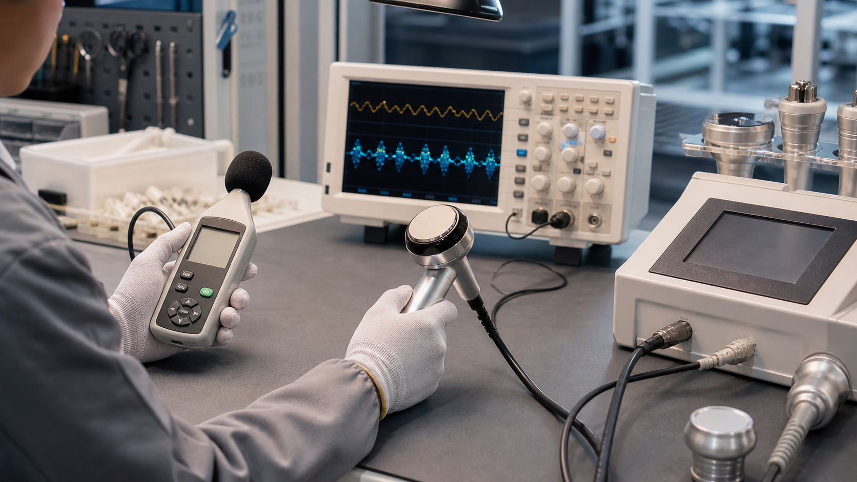 Engineer checking cavitation handpiece noise and signal stability in an OEM quality-control lab