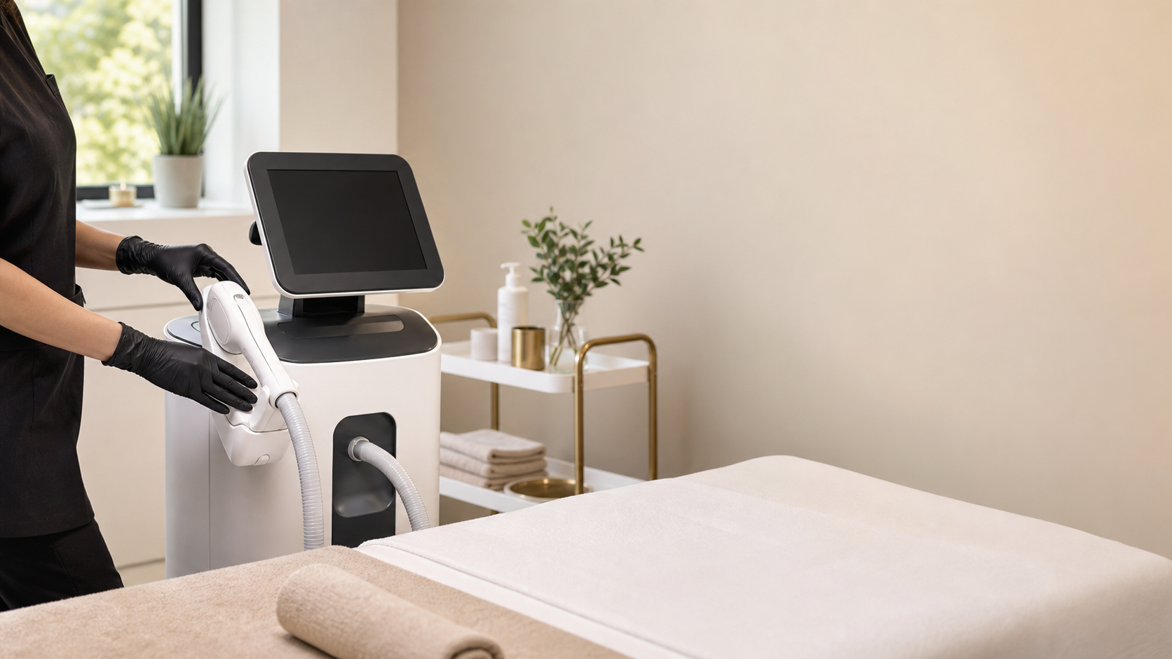 Máquina profesional de contorno corporal preparada para una cita en un estudio de belleza