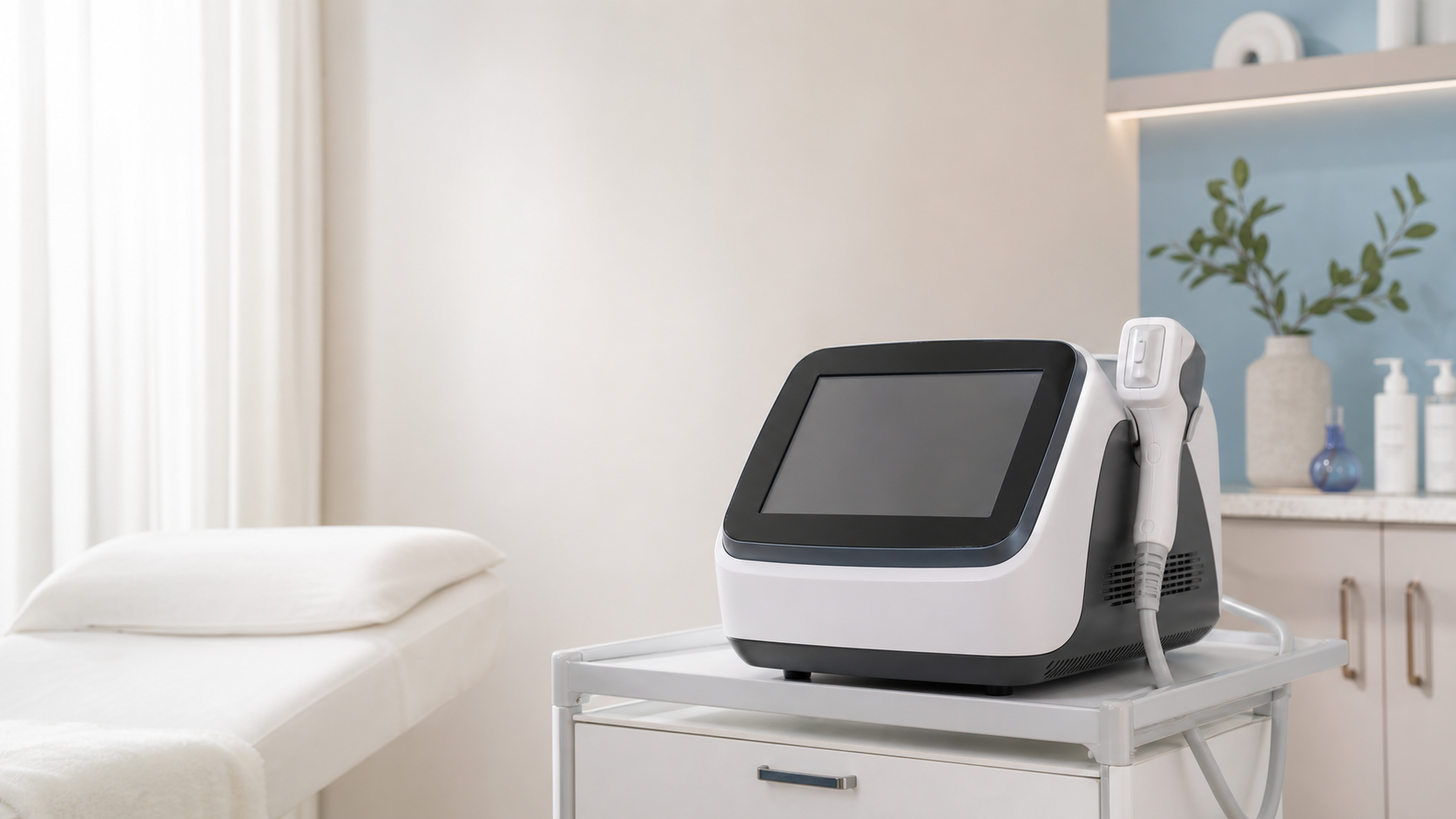 Máquina profissional de HIFU em uma sala de tratamento estético