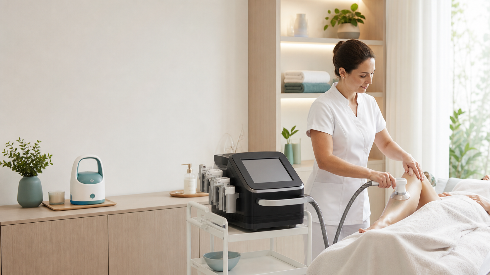 Professional beauty machine in a salon treatment room with a compact home-use device shown separately
