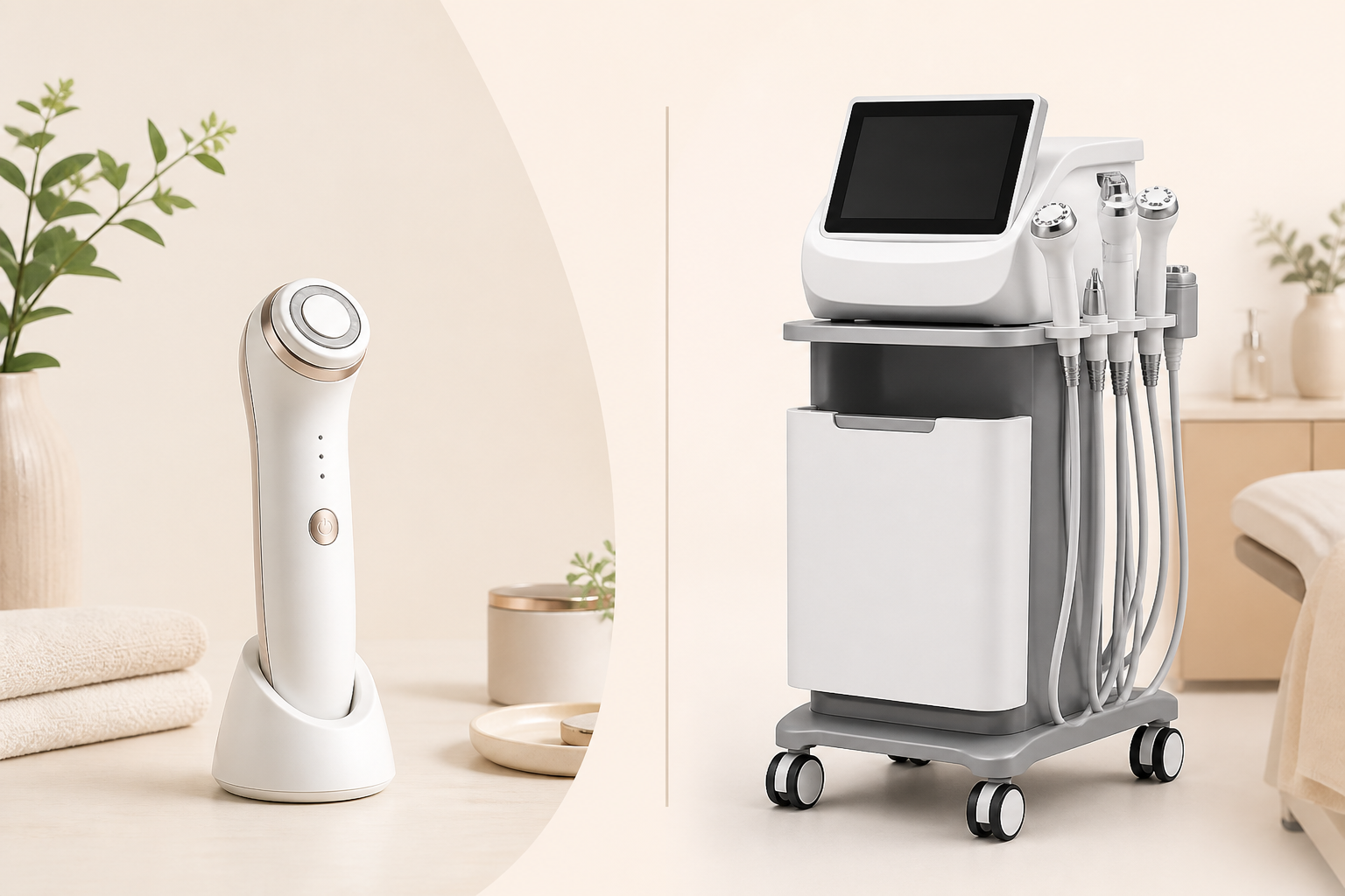 Comparison of a compact home-use beauty device and a professional salon equipment console