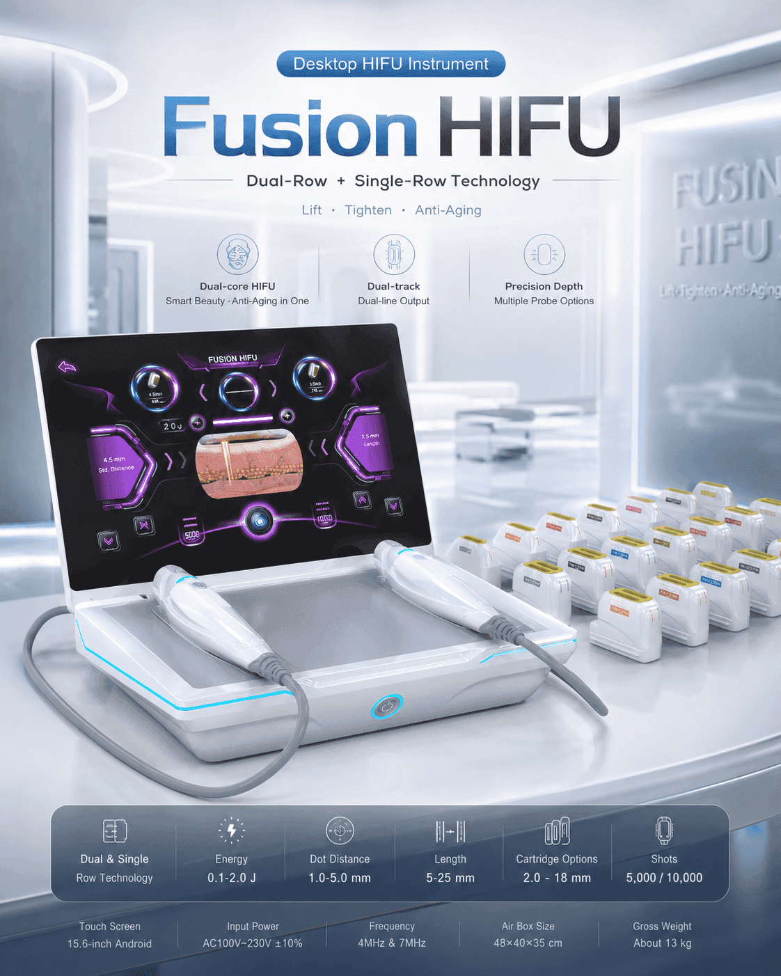 RESCUPL Fusion HIFU dual-row desktop device with multiple cartridge options