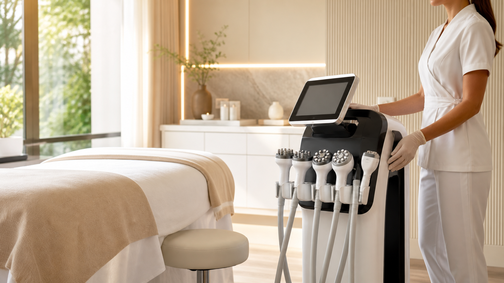 Professional med-spa treatment room with multifunctional body contouring equipment