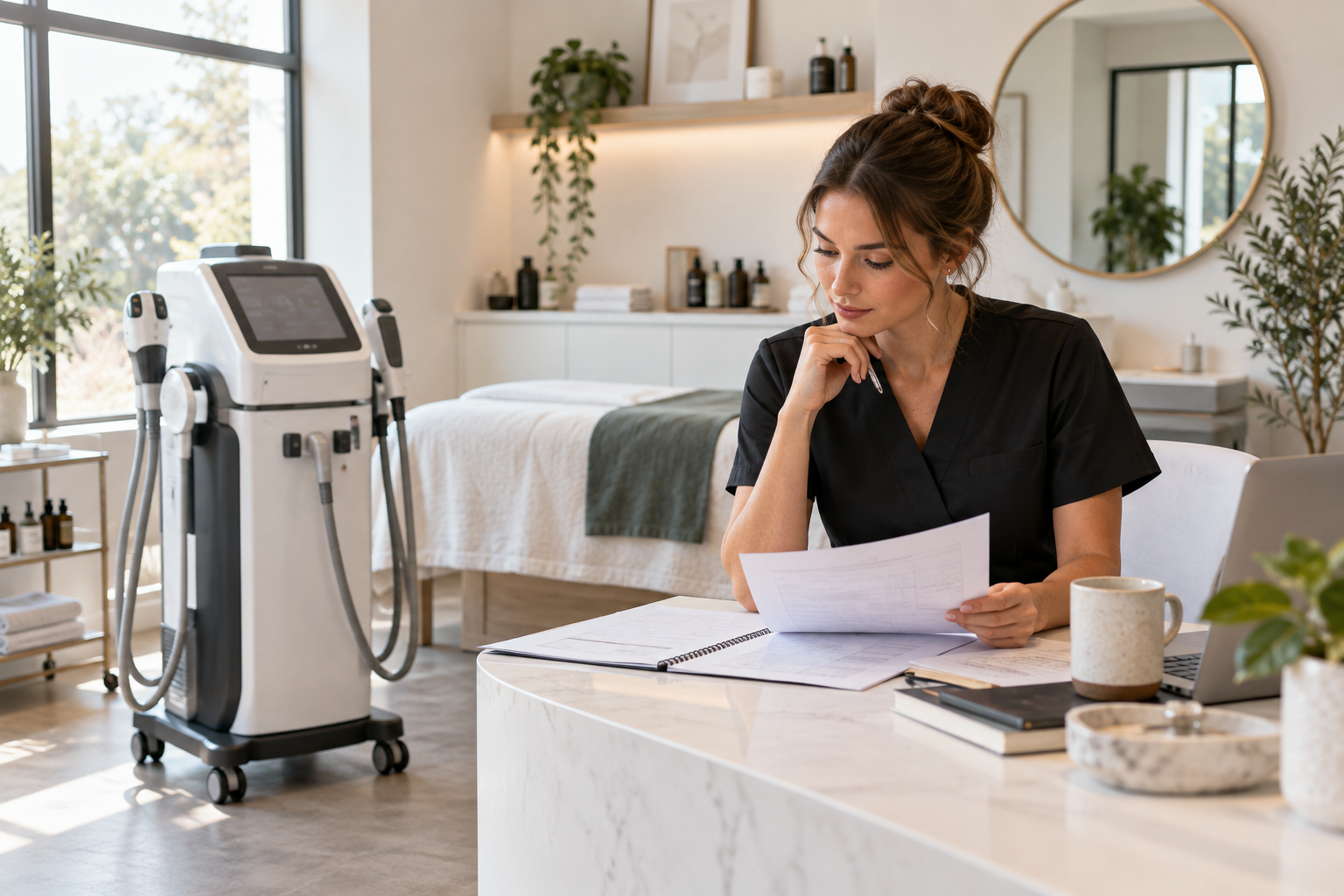 Propriétaire de salon examinant une fiche de calcul de prix pour un service d'appareil de beauté